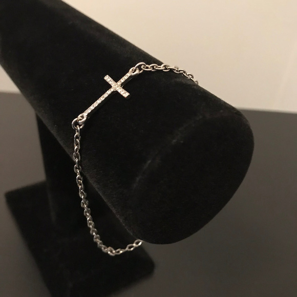 Silver Toned Bracelet/Anklet with Rhinestone Cross - Picture 2 of 3